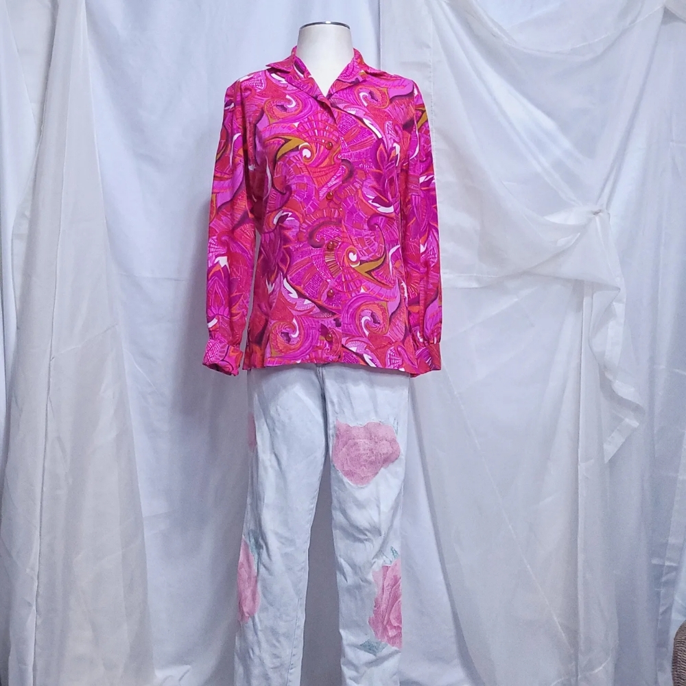 1960s Jane Holly Pink Pattern Button Up Blouse, Hippie Psychedelic,  Size Medium